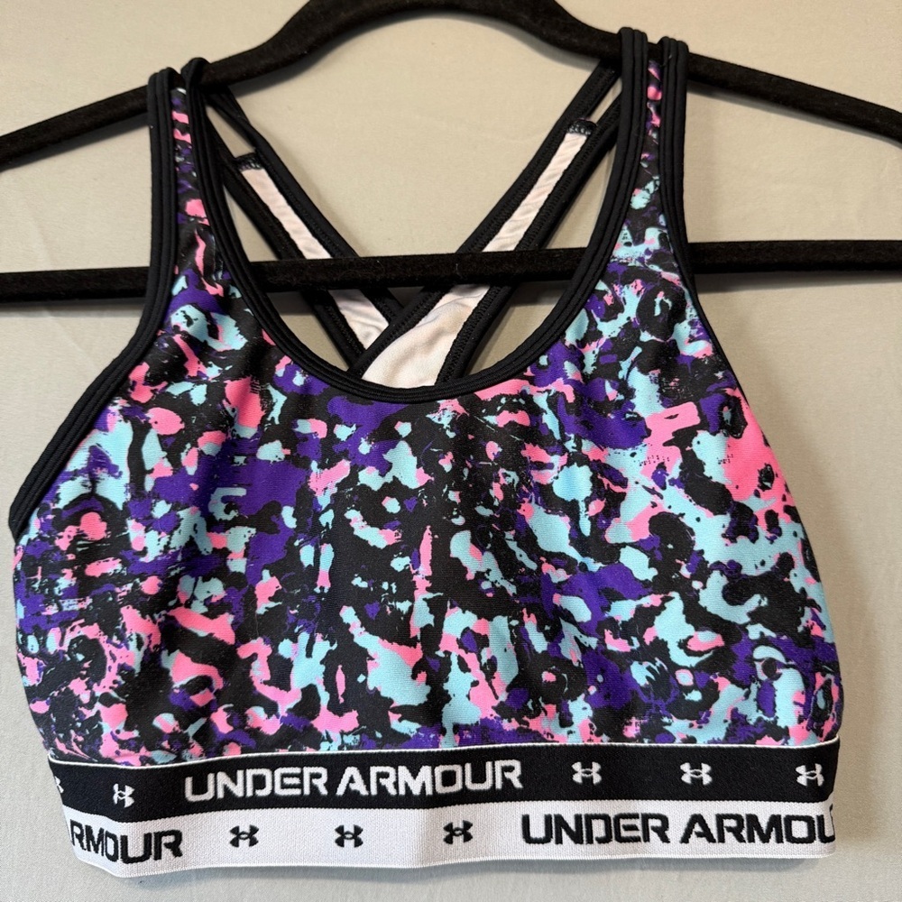 Under Armour Girls Sports Bra Size Youth Large Multicolour Spellout Logo Stretch